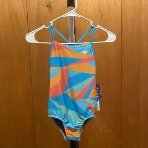 Speedo Youth One-Piece Swimsuit Aqua Multicolor Size 7/8 SPF 50 NWT